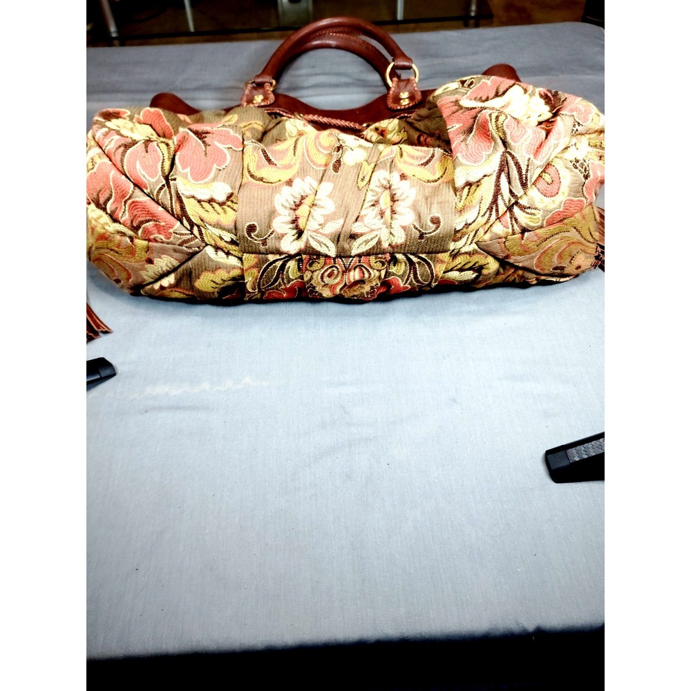 Isabella Fiore Floral Tapestry Satchel Handbag Brown Leather Trim Boho VTG Purse - Picture 11 of 16